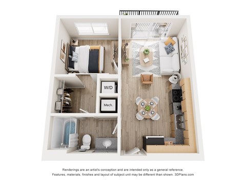 A 3D floor plan of a small apartment with a kitchen, living room, and bedroom.